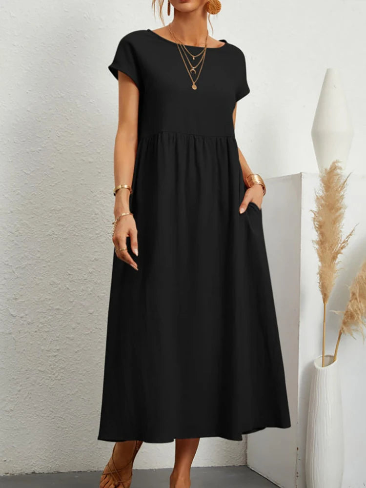 Women's Elegant Solid Maxi Dress | Vintage Harajuku Cotton Linen Long Dress | Summer Short Sleeve O-Neck Loose Sundress | Premium Y2K Minimalist Pocketed A-Line Luxegan
