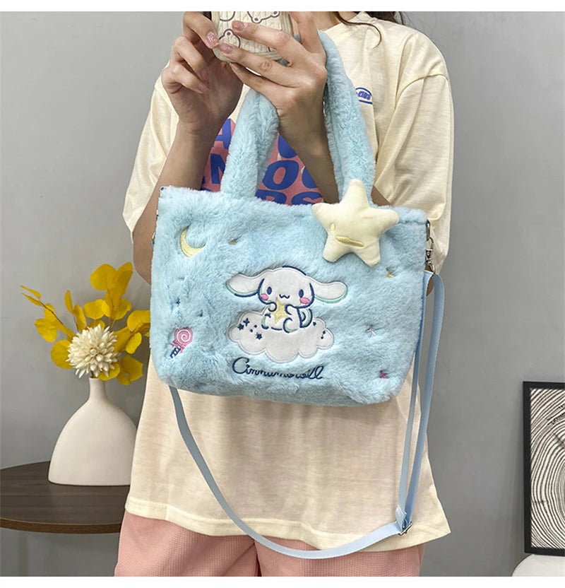 Kawaii Hello Kitty Plush Shoulder Bag | My Melody Cinnamoroll Kuromi Cute Cartoon Anime Handbag (Soft Storage Bag for Women & Girls) Luxegan