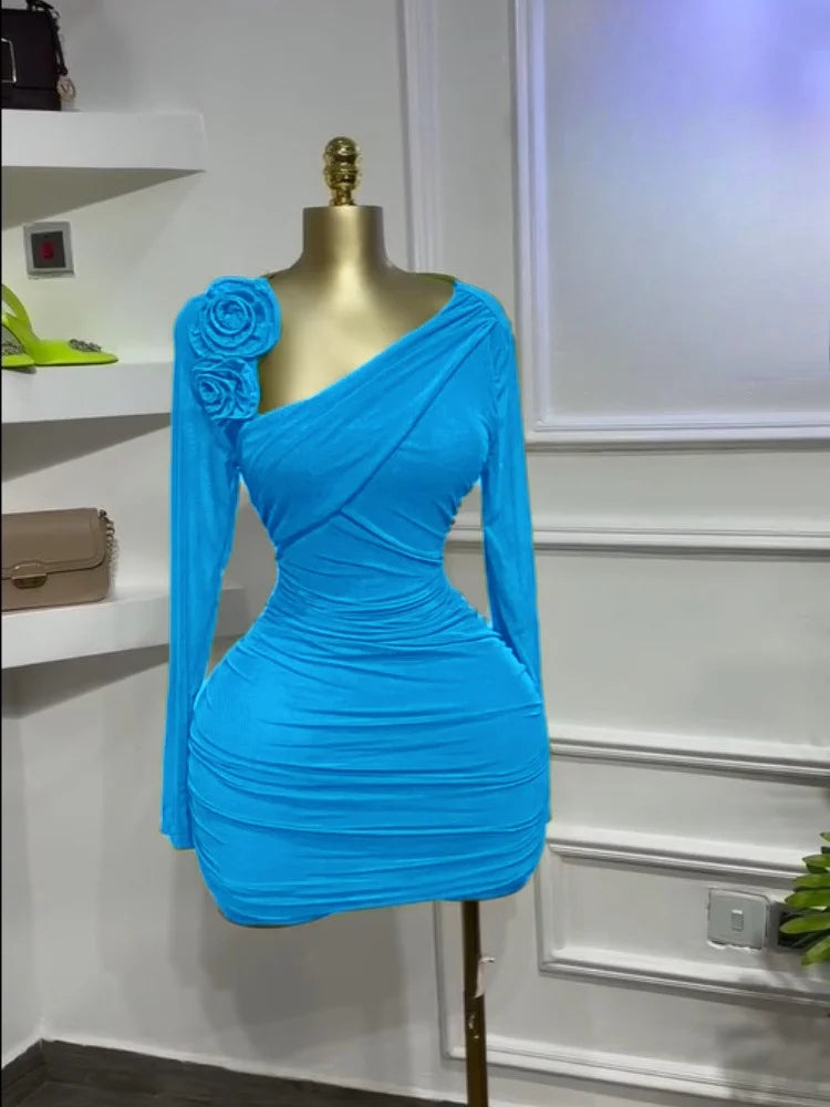 Solid High Street Asymmetric Neckline Full-Length Sleeve Regular Fit Shirred Pencil Mini Dress – High-Stretch Polyester-Elastane, Natural Waist, Summer Luxegan