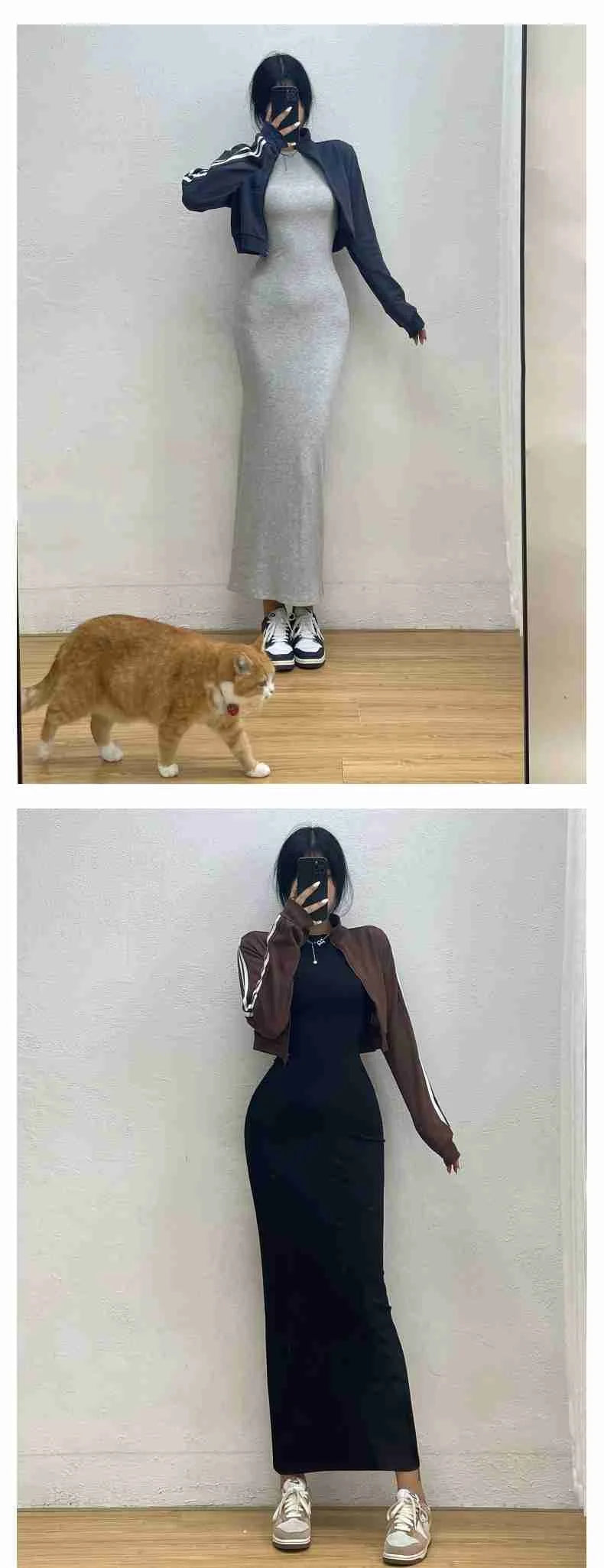 Women's Elegant High Street Long Sleeve Maxi Dress | Simple Korean Style Slim Fit Ankle-Length Robe | Soft Autumn/Winter Solid Color A-Line Gown | Premium Ruffle Empire Waist Model Carbon Ash Luxegan