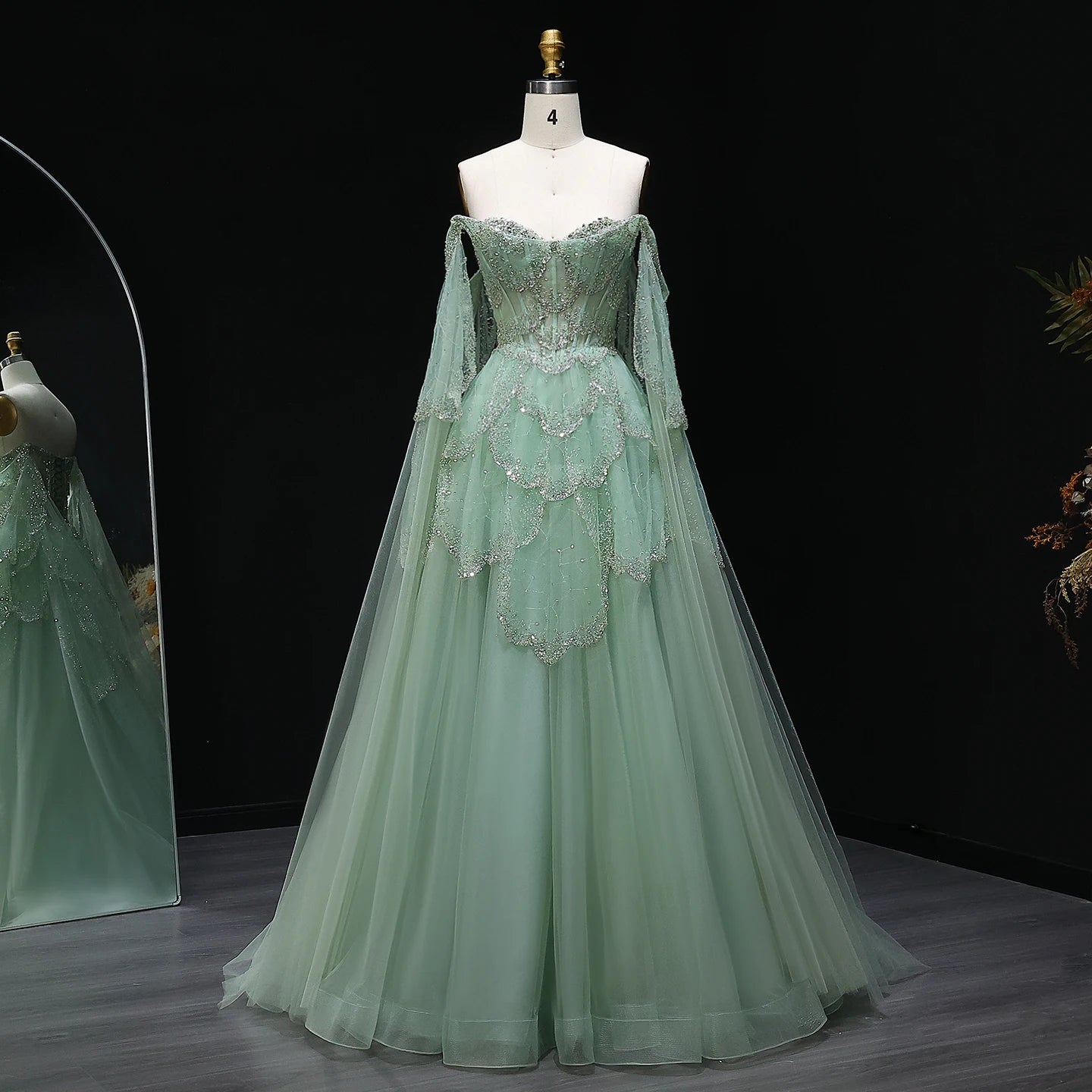Off-Shoulder Sage Green Evening Gown | Fluid Cape-Sleeve Luxury Gala Dress | Sparkling Crystal Beading Floor-Length A-Line Gown Luxegan