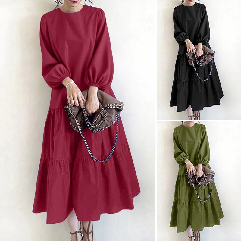 Solid O-Neck Lantern Sleeve Regular Fit A-Line Midi Dress – Natural Waist, Jersey, Autumn Luxegan