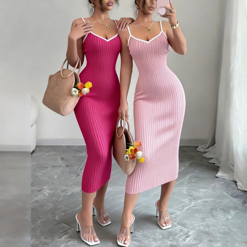 Solid V-Neck Spaghetti Strap Sleeveless Regular Fit Sheath Mid-Calf Dress – Empire Waist, High-Stretch Knit, Summer Luxegan
