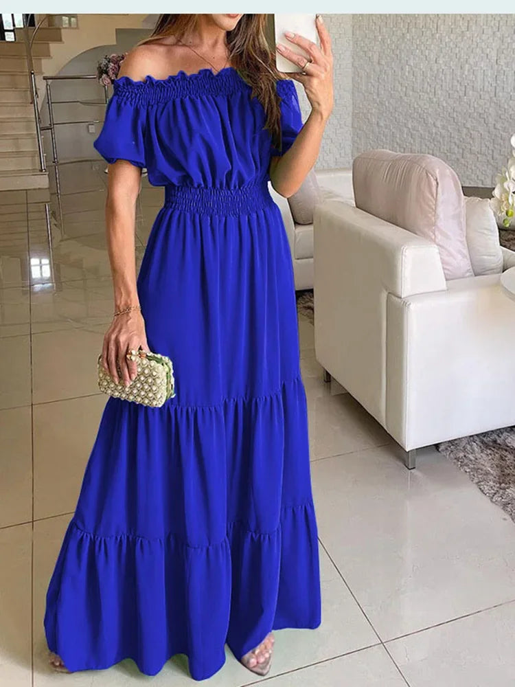 Solid Bohemian Slash Neck Short Sleeve Loose A-Line Ankle-Length Dress – Slight-Stretch Polyester-Elastane Blend, Natural Waist, Summer Luxegan