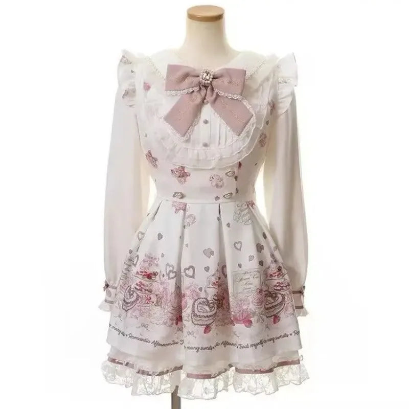 Gothic Vintage Y2K Japanese Style Dress Set | Elegant Lace Lolita Fashion Short Party Dress | Bow Tie Slim Fit Above Knee Mini Dress | Premium Tatting Regular Fit A-Line Luxegan