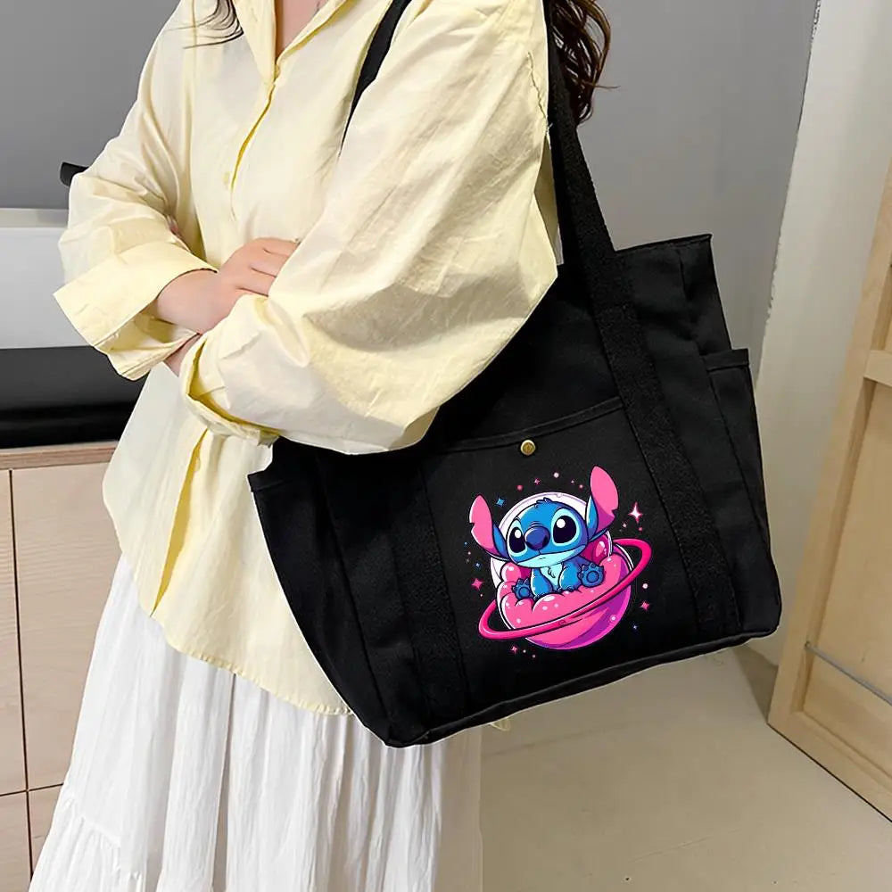 Lilo & Stitch Large Canvas Tote Bag | College Style Commuter & Student Shoulder Bag | Cartoon Shopping Handbag (Unisex) Luxegan