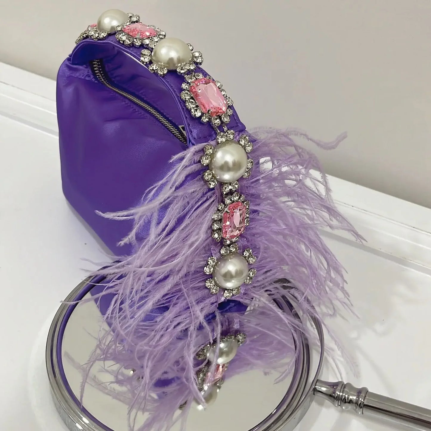 Luxury Feather & Pearl Evening Clutch | Designer Satin Wedding Purse with Diamond Decoration | Fashionable Sparkling Square Party Tote | Elegant White Satin Flap Handbag Luxegan