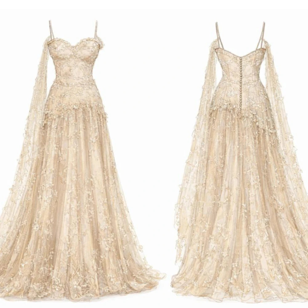 Women's Luxury Beaded Lace Evening Dress | Exquisite Sweetheart Neck Prom Gown | Elegant Crystal Sequined Tulle Floor-Length Dress | Premium Spaghetti Strap A-Line Robe with Built-in Bra Luxegan