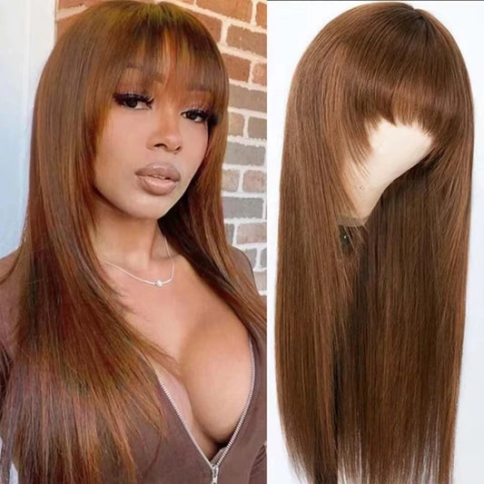 Reddish Brown Human Hair Wig with Bangs | Easy Layer Cut Straight Remy Hair for Women (Affordable) Luxegan