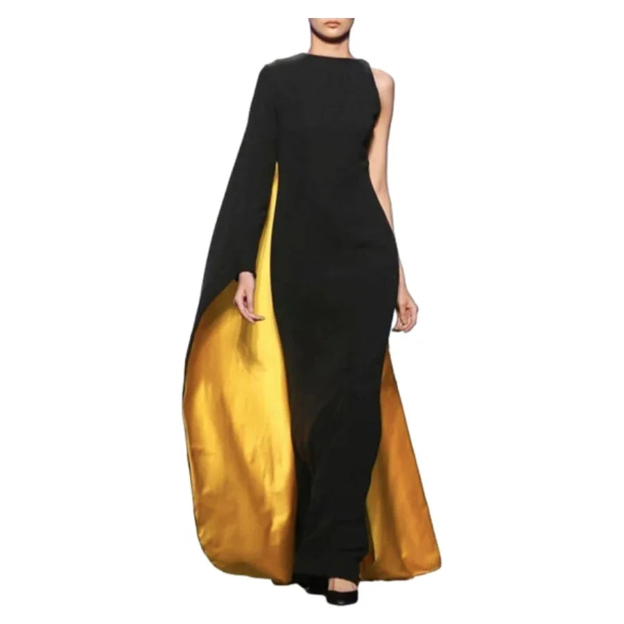 Black & Gold Contrast Color One-Shoulder Dress | Sophisticated Round Neck Slim Fit Silhouette | Elegant "Ankle-Length" High Waist Gown | "Dignified" Asymmetrical X-Shape Evening Party Dress for Radiant Versatile Styling