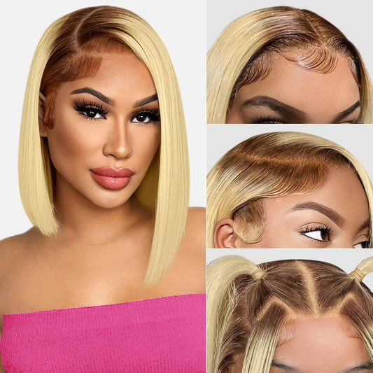  Ombre Honey Blonde & Red Wine Bob Wig | 13x4 HD Transparent Lace Front Human Hair Luxegan