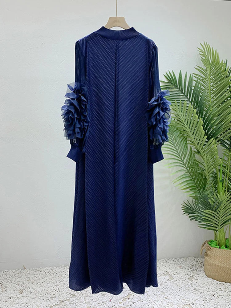 Pleated Lettuce Hem Maxi Dress | Turtleneck Full Sleeve Loose A-Line Casual Dress Luxegan