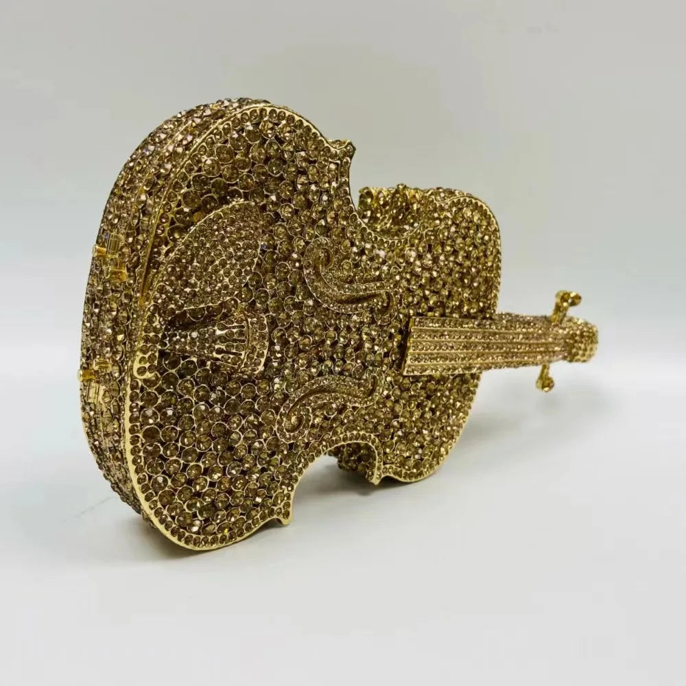 Luxury Violin-Shaped Crystal Evening Clutch | Sophisticated Rhinestone-Encrusted Dinner Purse | Elegant Bridal Handbag with Genuine Leather Lining | "Dignified" Structured Minaudière for High-Fashion Events Luxegan
