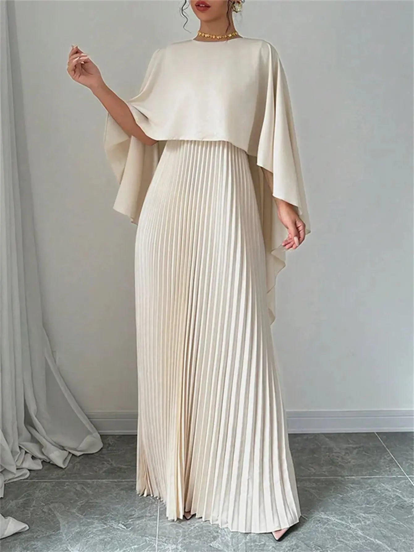 Women's Fashion Loose Bat Sleeve Long Dress | Elegant Spring Summer Curling Irregular Dress | Minimalist O-Neck Seven-Inch Sleeve Gown | Premium Acetate Slight Stretch Casual Floor-Length Vestido Luxegan