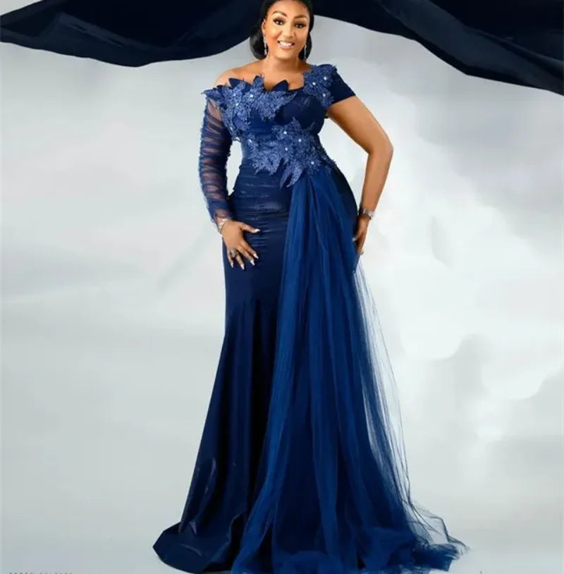 Aso Ebi Arabic Navy Blue Mermaid Evening Dress | Crystals Lace Formal Party Gown | One-Shoulder Full-Sleeve Customized Mother of the Bride Gown Luxegan