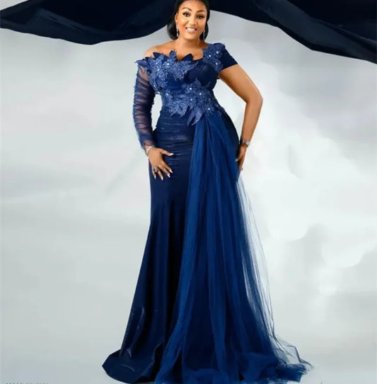 Aso Ebi Arabic Navy Blue Mermaid Evening Dress | Crystals Lace Formal Party Gown | One-Shoulder Full-Sleeve Customized Mother of the Bride Gown Luxegan