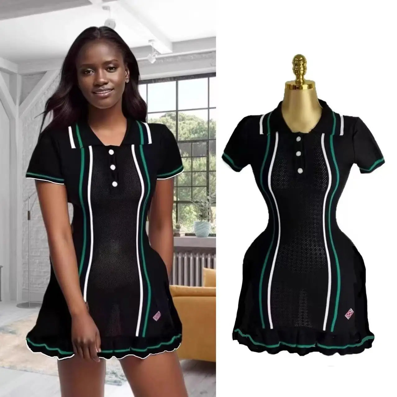 Turn-Down Collar Ruffle Knit Mini Dress | Short Sleeve Slim Sexy Streetwear Vintage Party Dress Luxegan