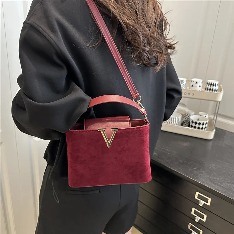 Vintage Mini Faux Suede Satchel | Fashionable Hardware Lock Buckle Handbag | Trendy Quilted & Sequined Shoulder Bag | Women's Small Crossbody Purse with Suede Texture Luxegan