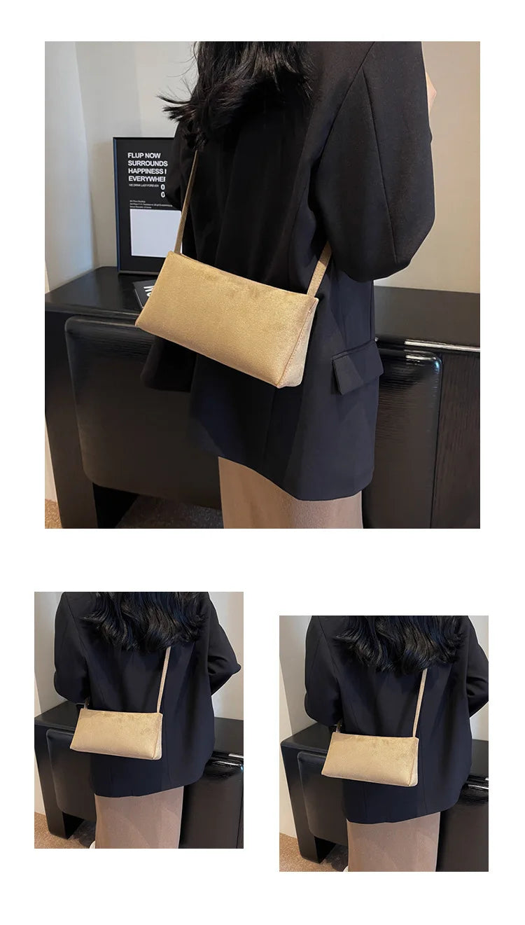 Faux Suede Solid Square Bag | Elegant French Vintage Underarm Handbag Luxegan