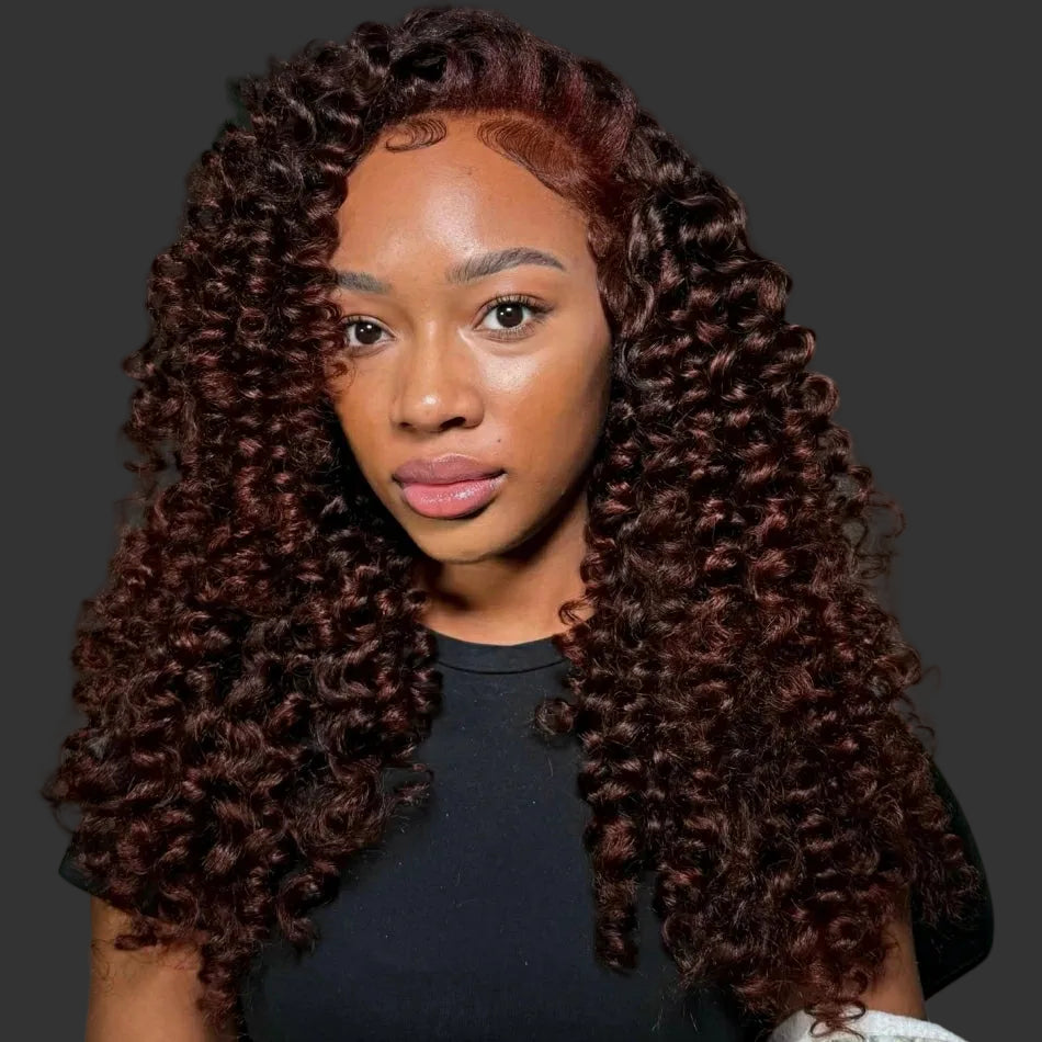 300% Density Burgundy Brown Loose Deep HD Lace Wig | Sophisticated 13x6 & 13x4 Transparent Frontal | Elegant "12A Brazilian Remy" 26+ Inch Silhouette | "Dignified" Pre-Plucked Bleached Knot Curly Human Hair for Radiant Versatile Styling Luxegan