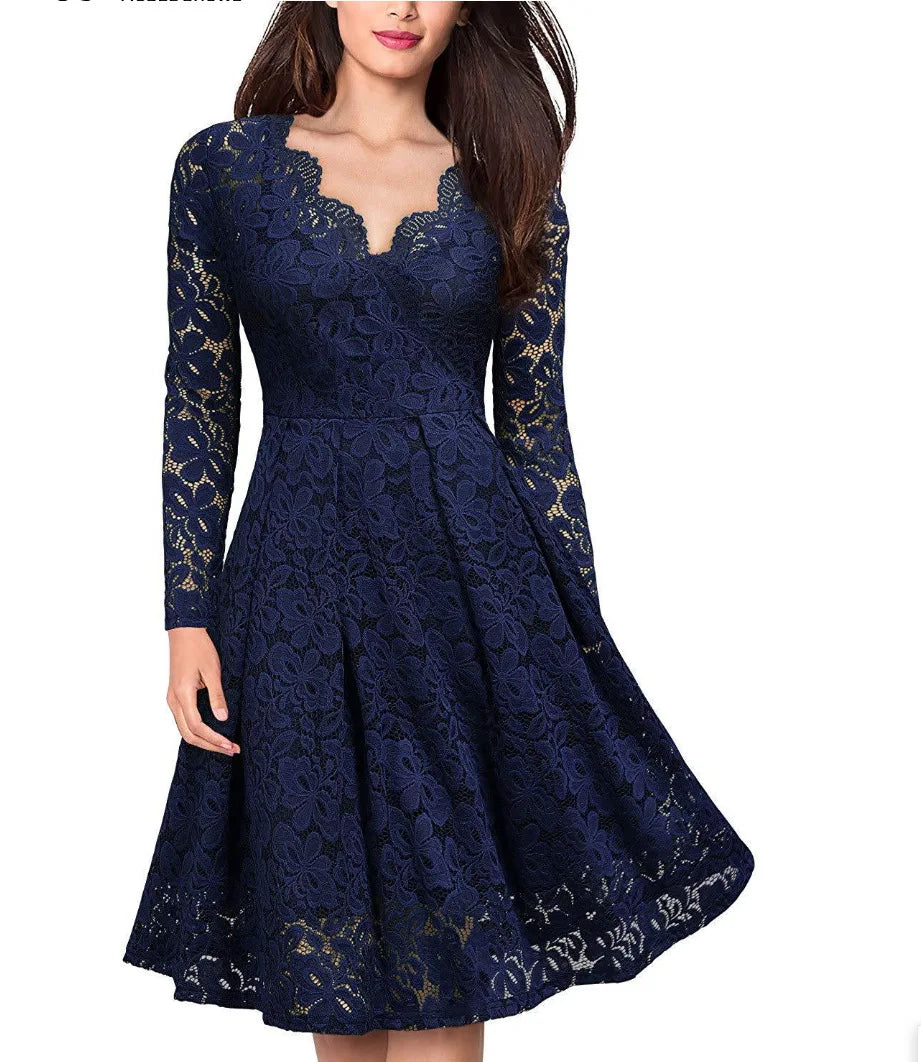 Solid V-Neck Full-Length Sleeve Slim Fit A-Line Knee-Length Dress – High Stretch Polyester-Cotton Broadcloth, Empire Waist, Summer Luxegan
