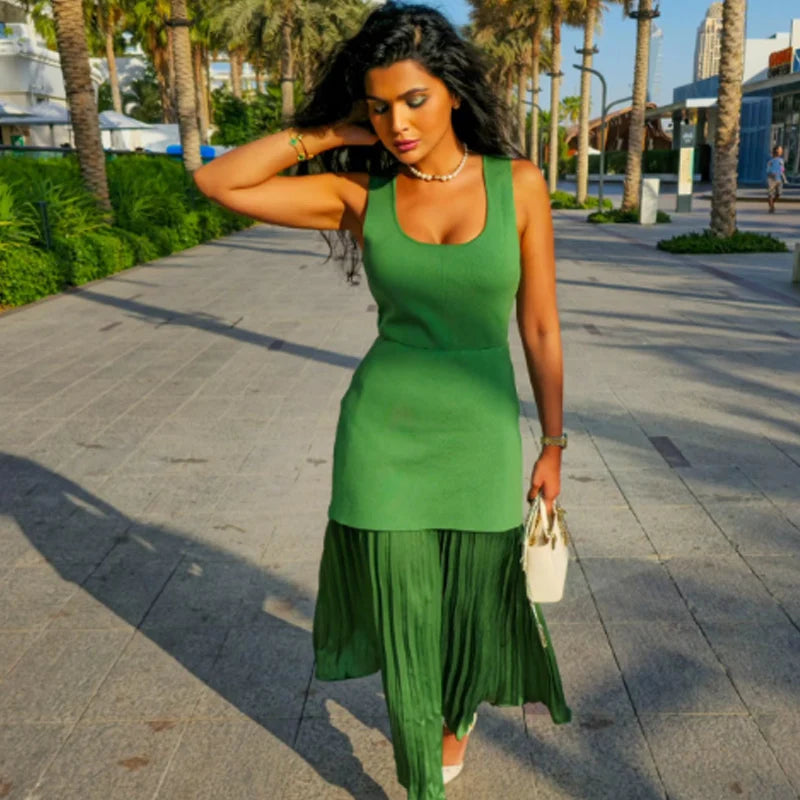 Women's Elegant Green Pleated Long Dress | Summer Knit Patchwork Ankle-Length Gown | Sleeveless O-Neck Medium-Stretch High-Street Dress Luxegan