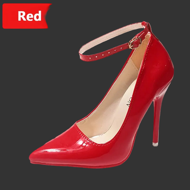 Metal Belt Buckle Stiletto Pumps | Sophisticated 10cm/12cm Pointed Toe Heels | Elegant "Super Big Size" 48 49 50 Party Shoes | "Dignified" Patent Leather Goblet Heels for Radiant Versatile Styling Luxegan