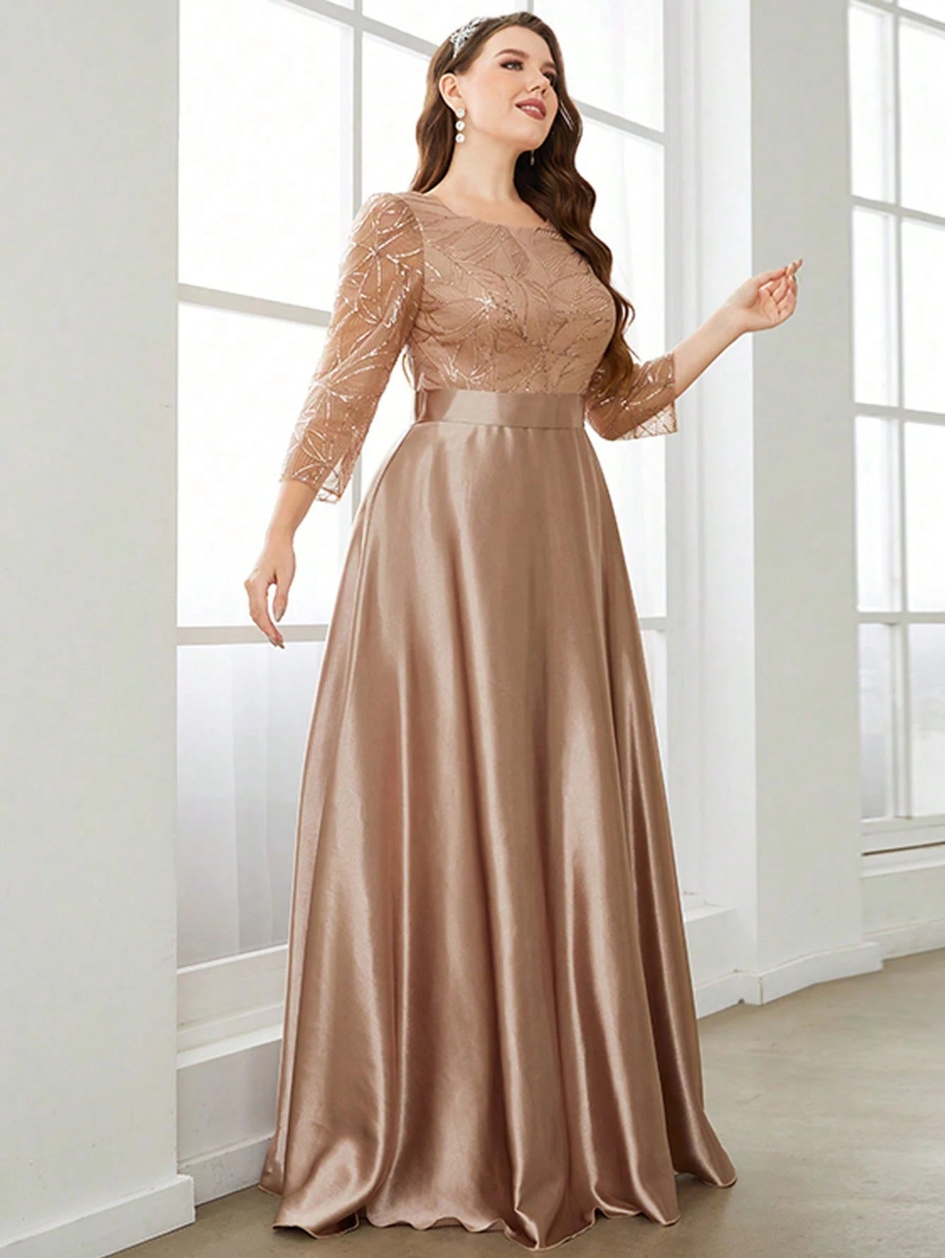 Elegant Crew Neck Sequin Patchwork Satin Ball Gown | Long Sleeve Fit & Flare Party Dress | Premium Solid Color Ankle-Length Bridesmaid Dress | Regular Fit O-Neck Tatting Evening Dress Luxegan