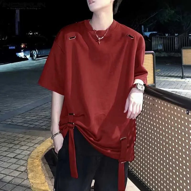 Loose Metal Design Strap T-Shirt | Sophisticated O-Neck Half-Sleeve Silhouette | Elegant "City Walk" Casual Camiseta | "Dignified" Solid Broadcloth Top for Radiant Versatile Styling Luxegan