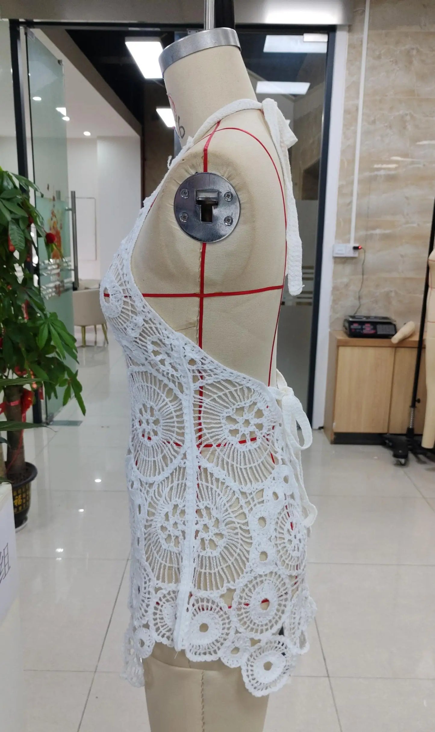 Combhasaki Women Summer Boho Knitted Crochet Halter Neck Swimsuit Coverups VNeck Hollow Out Irregular Hem Short Mini Beach Dress