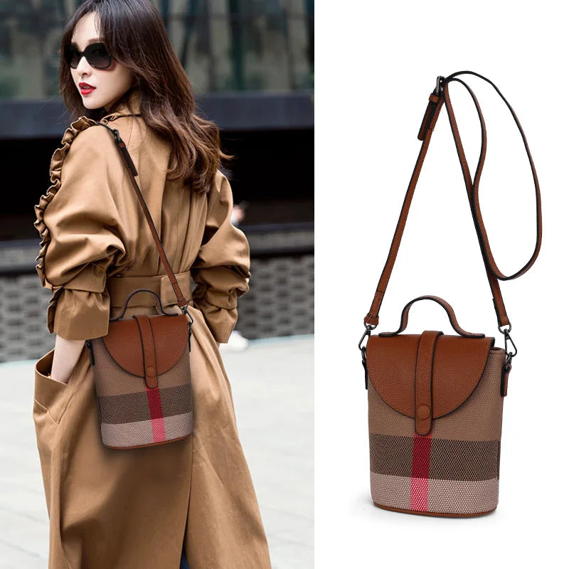 Fashionable Women's Mini Bag | Plaid Canvas & Genuine Cowhide Patchwork Handbag | Elegant Single Shoulder Crossbody & Portable Small Bag Luxegan