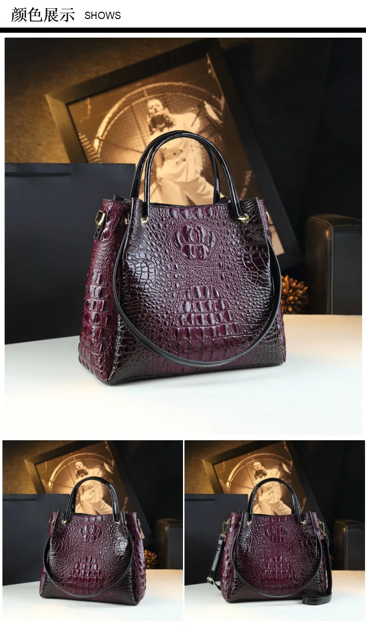 Genuine Leather Crocodile Print Bucket Bag | Vintage Tote & Messenger Luxegan