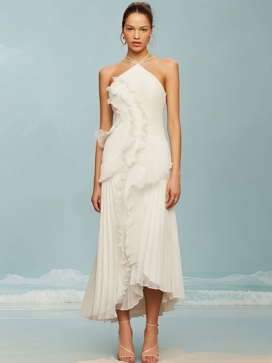 Sexy Halter Neck Pleated Ruffle Long Dress | Pink Backless Evening Gown Luxegan