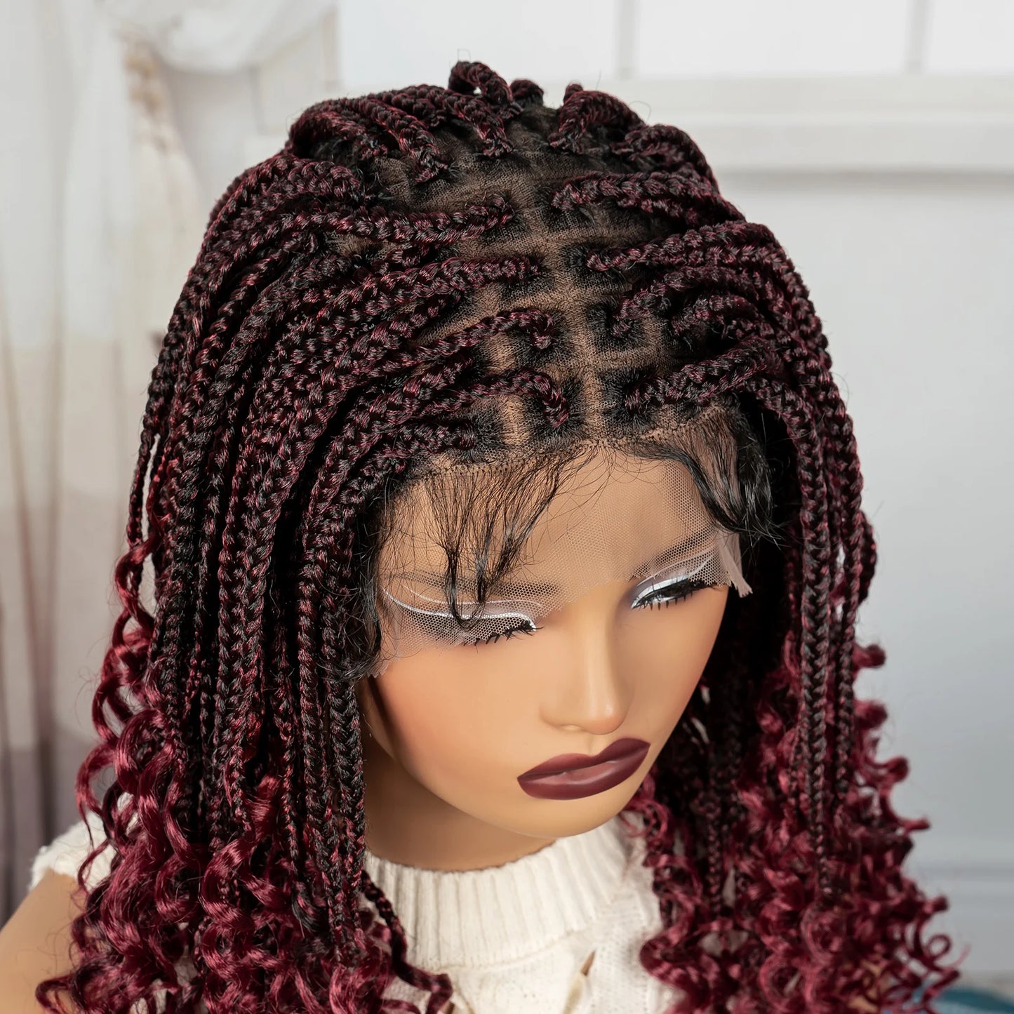 Burgundy Boho Knotless Braids Bob Wig with Curly Ends | Full Lace Luxegan