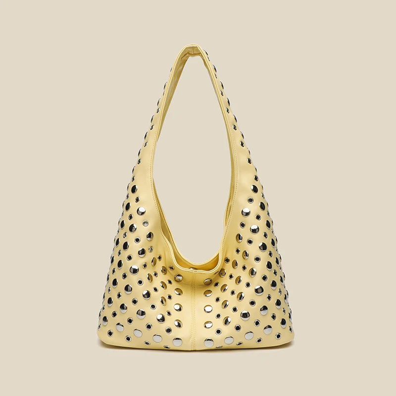 Women's New Round Dot Rivet Handbag | Fashion Solid Color Bucket Bag | Premium PU Leather Underarm Shoulder Tote | Versatile Unisex Fashion Bag Model 8699 with Polyester Lining Luxegan