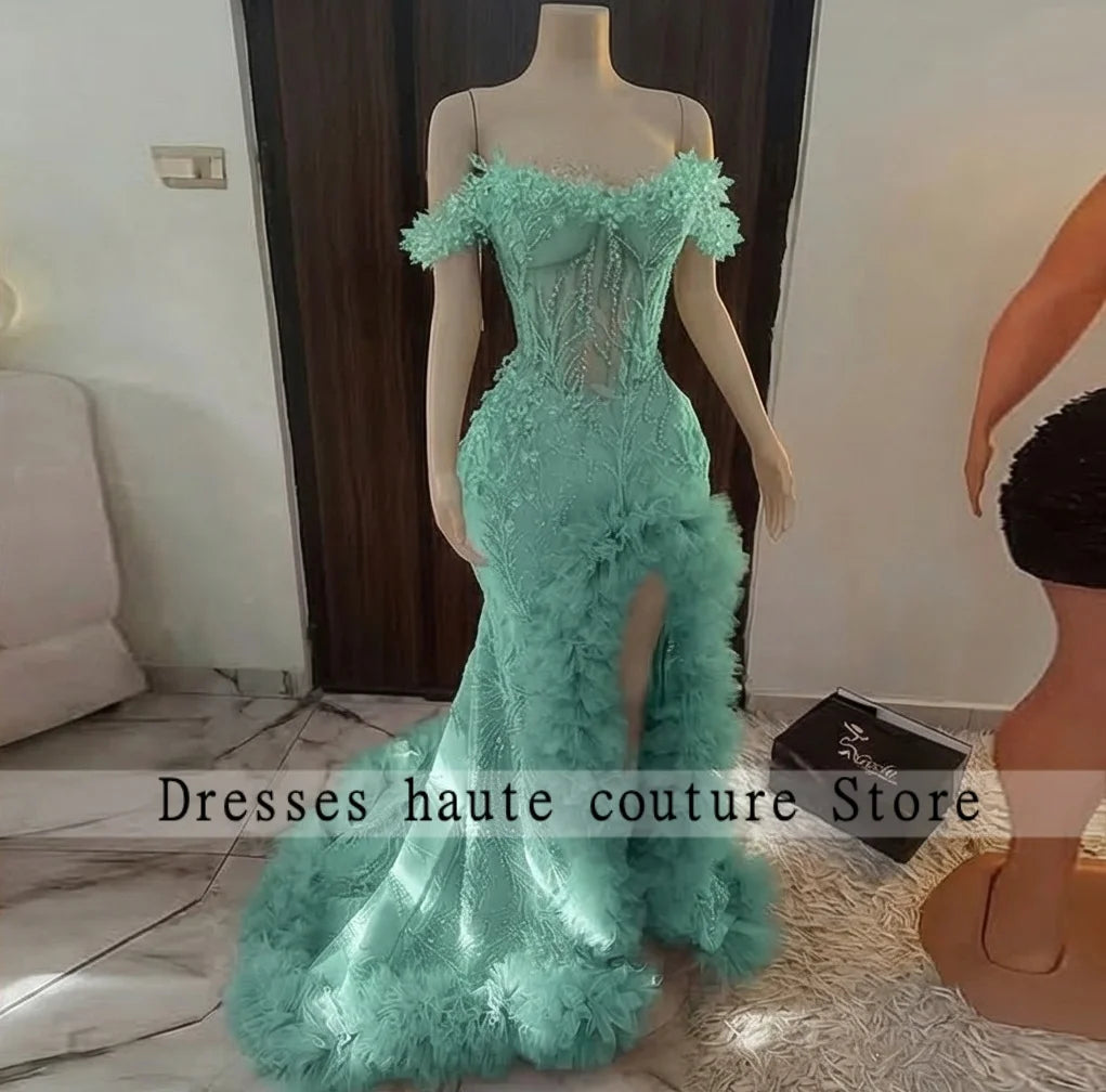 Luxury Pink Diamond Prom Dress | African Women's High Slit Formal Wedding Gown | Exquisite Crystal Beaded Ruffle Evening Dress | Premium Mermaid Floor-Length Sleeveless Robe with Built-in Bra Luxegan