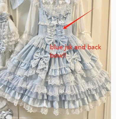 Women's Sweet Lolita JSK Suspender Dress Set | Original Doll Feeling Princess Fairy Mini Gown | Elegant Lace Bow Spaghetti Strap Cake Dress | Premium Tatting Slight Stretch Empire Waist Vestido Luxegan