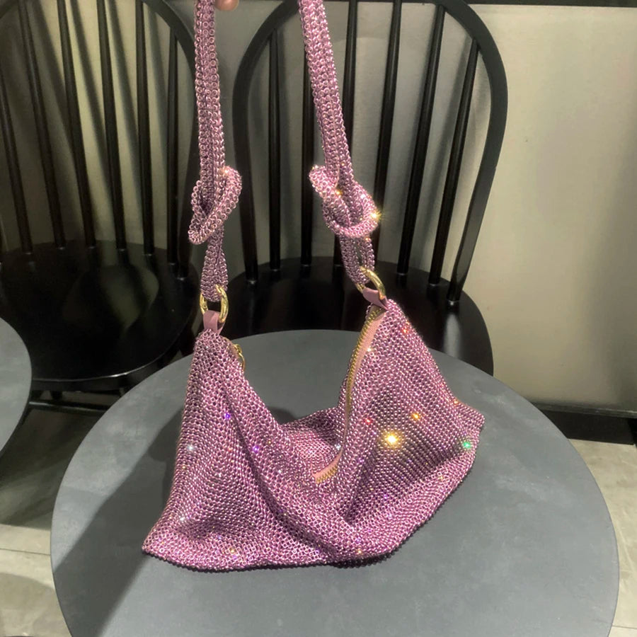 Luxury Designer Rhinestone Hobo Bag | Handmade Shining Crystal Evening Clutch | Metallic Silver - view 4