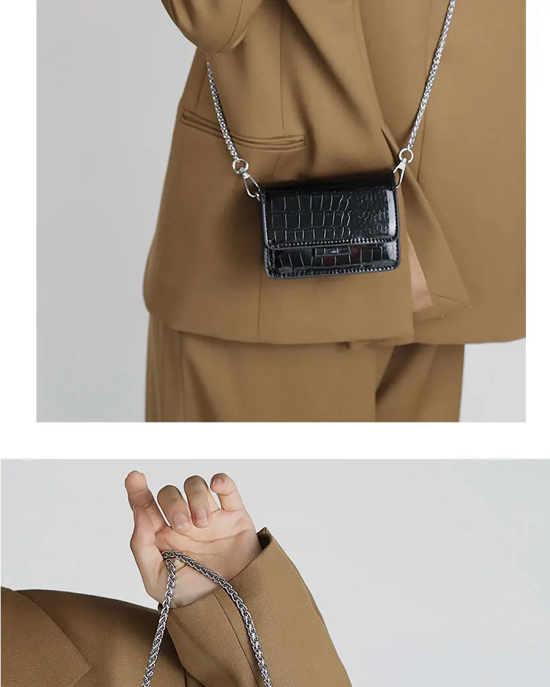 Summer Patent Leather Chain Mini Handbag | Women's Silver PU Crossbody Bag | HARD Fashion Square Buckle Lipstick Purse Luxegan