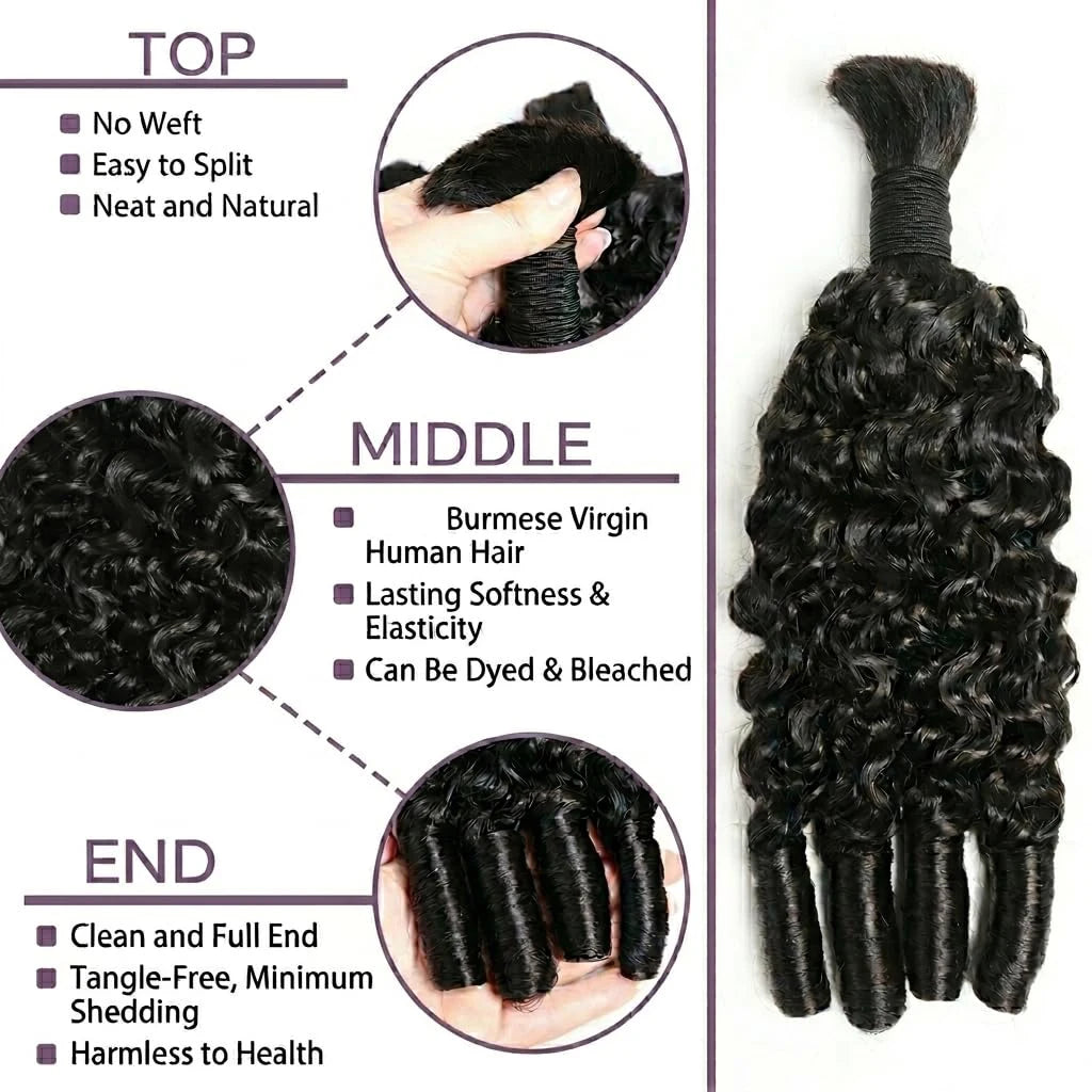 Burmese Curly Human Hair Bulk | Boho Braids Knotless Braiding Virgin Hair Extensions No Weft - view 4