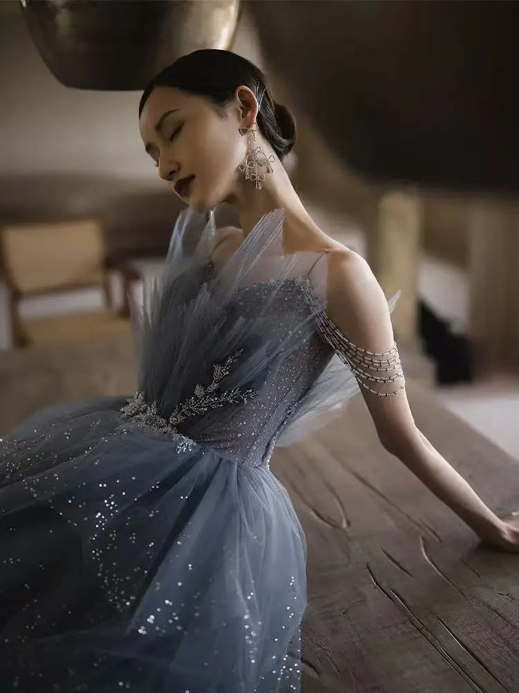 Customized Elegant Blue Straps Luxury Appliques Spaghetti A-Line Beaded Evening Dresses For Women 2026 Prom Dresses Party Dress
