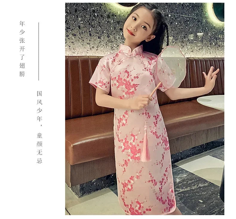 Girls' Modern Cheongsam Chinese Style Dress | Summer Kids Casual Flower Print Clothes | Short-Sleeve Turtleneck Knee-Length Straight Dress Luxegan