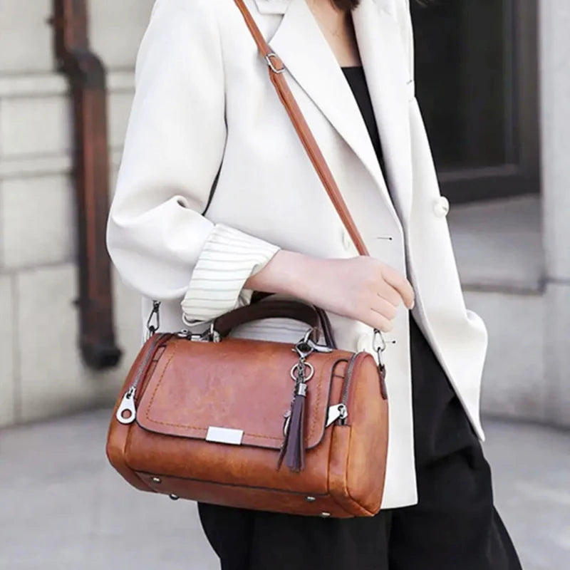 Tassel Decor Large Capacity Boston Bag for Women | Fashionable Zipper Shoulder & Crossbody Bag | Premium PU Leather Handbag with Removable Strap | Elegant Party & Event Travel Tote Luxegan