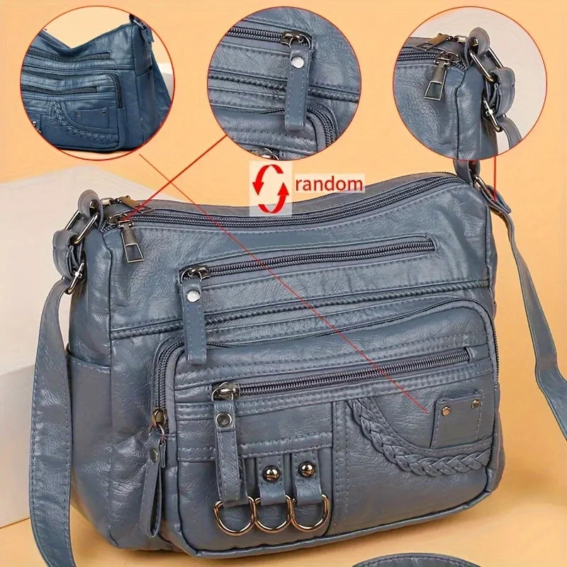 Vintage PU Leather Crossbody Bag | Retro Multi-Layer Shoulder Bag for Women | Sophisticated Classic Fashion Handbag & Purse | Elegant Work & Travel Messenger Bag with "Dignified" Letter Detail Luxegan