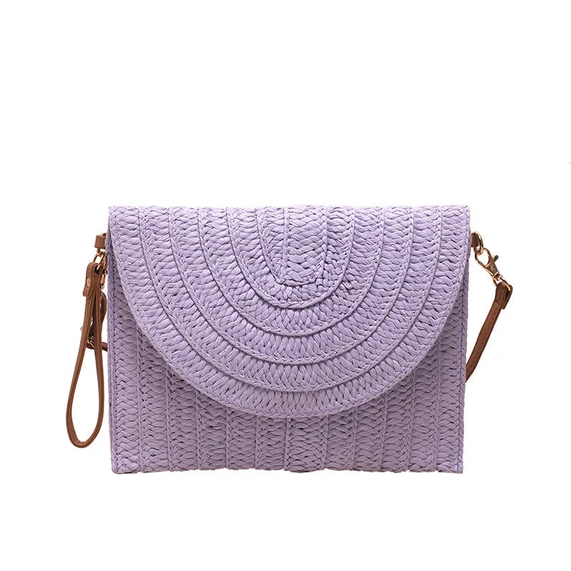 Handmade Woven Straw Envelope Clutch | Sophisticated Fur-Accent Shoulder Bag | Elegant Summer Crossbody Purse | "Dignified" Soft Beach Handbag for Versatile Vacation Styling Luxegan