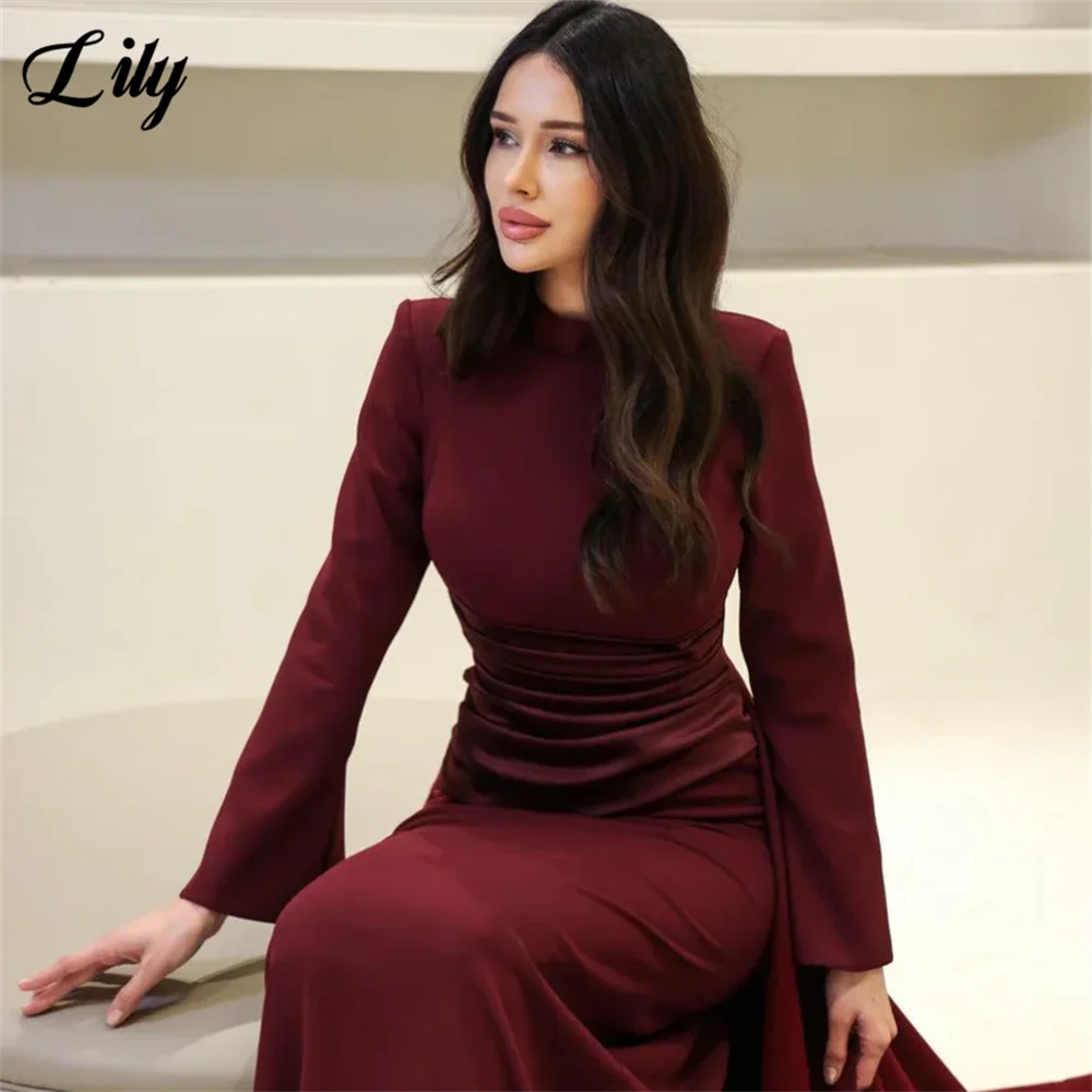 Lily Burgundy Elegant Prom Dresses High-Neck Long Sleeves Mermaid Evening Dresses Satin Muslim Formal Gowns Dubai  Customized