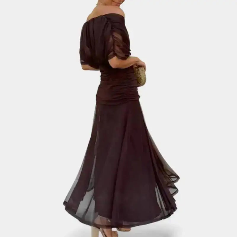 Women's Elegant Floral Print Pleat Party Dress | Bat Sleeve Swing Cocktail A-Line Dress | Korean Style Stand Neck Above-Knee Mini Gown | All-Season Loose Fit Straight Silhouette Model HPSW Luxegan