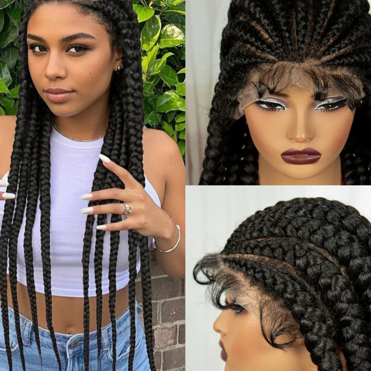 Synthetic Full Lace Cornrow Braided Wig – 32 Inch | Knotless Braids | Baby Hair | Transparent Lace | #1B