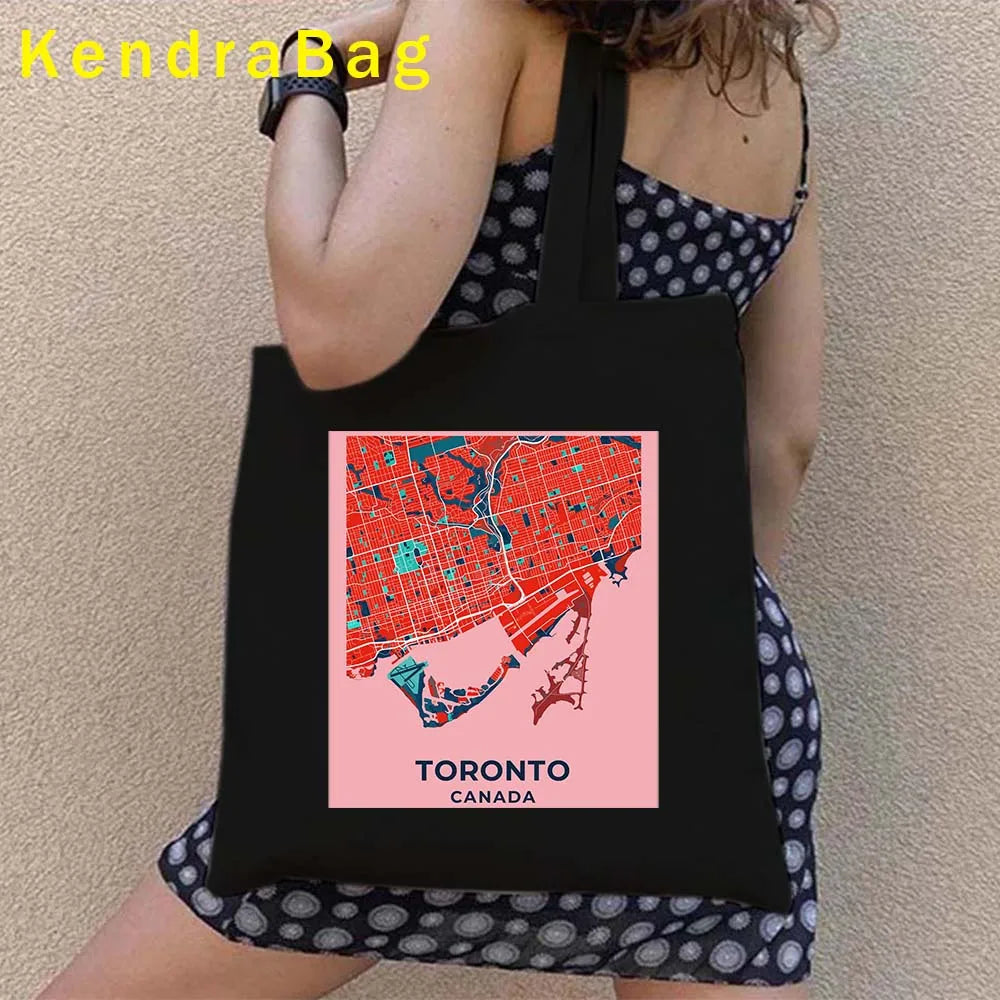 Canadian City Landscape Cotton Canvas Tote Bag | Happy Canada Day Tourist Gift | Reusable Eco-Friendly Shoulder Handbag (Women) Luxegan