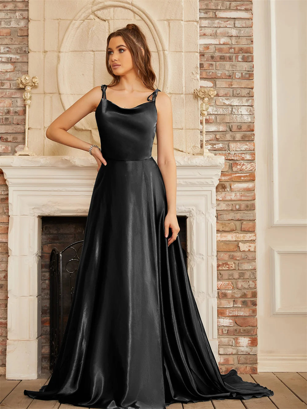 Solid Slash/Cowl Neck Sleeveless Lace-Up Strap Loose Fit A-Line Floor-Length Satin Dress – High Slit, Natural Waist, Summer